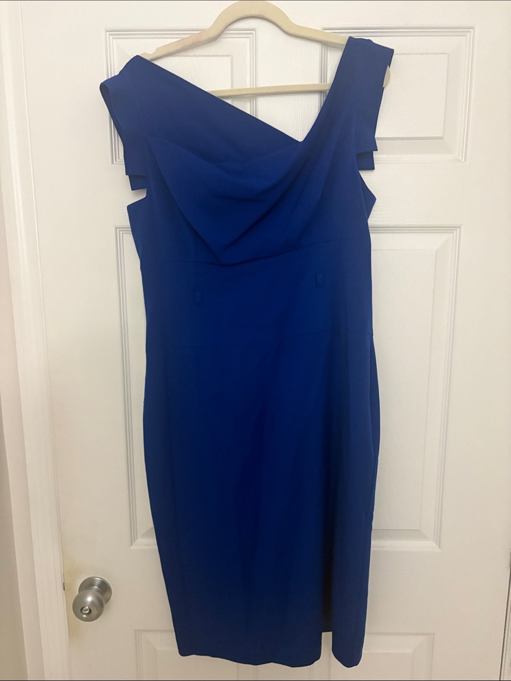 Asymmetrical-Neckline Royal Blue Sheath Dress